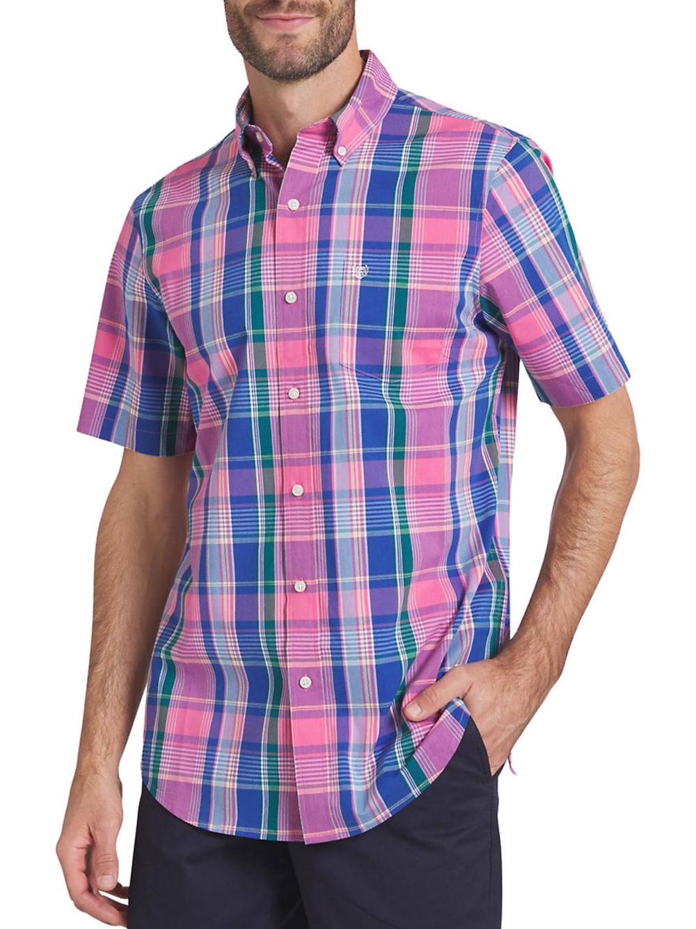 Men's Short-Sleeve Poplin Plaid Button-Down Shirt in Pink Multi